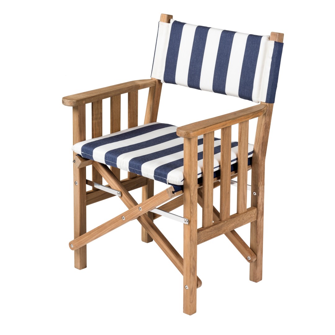 Solid Teak Directors Chair II with Navy/White Cushion - Image 2