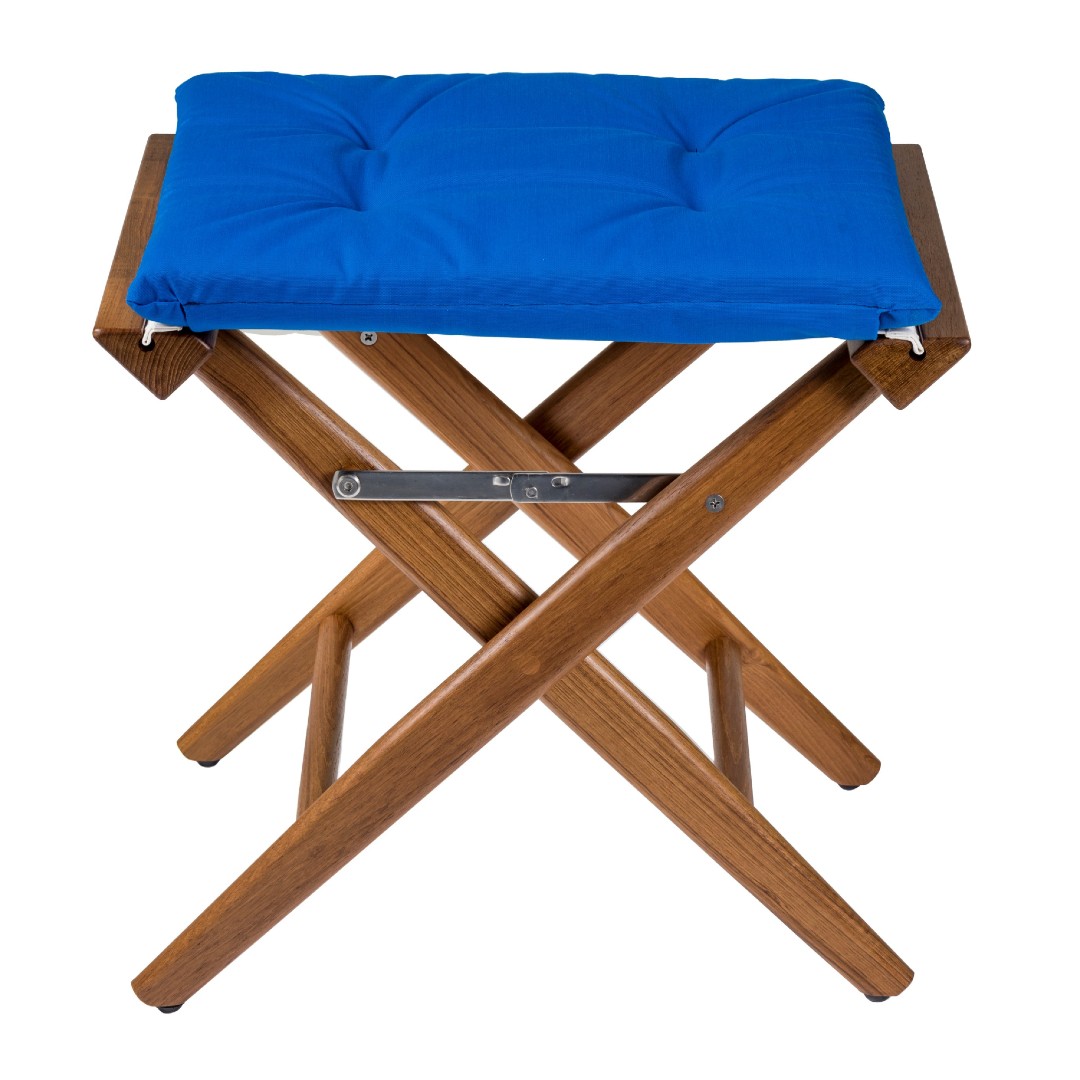 Solid Teak Directors Stool with Cobalt Cushion