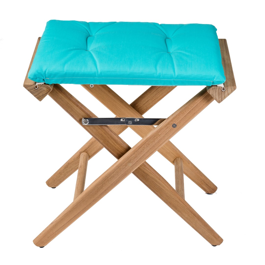 Solid Teak Directors Stool with Aqua Cushion - Image 2
