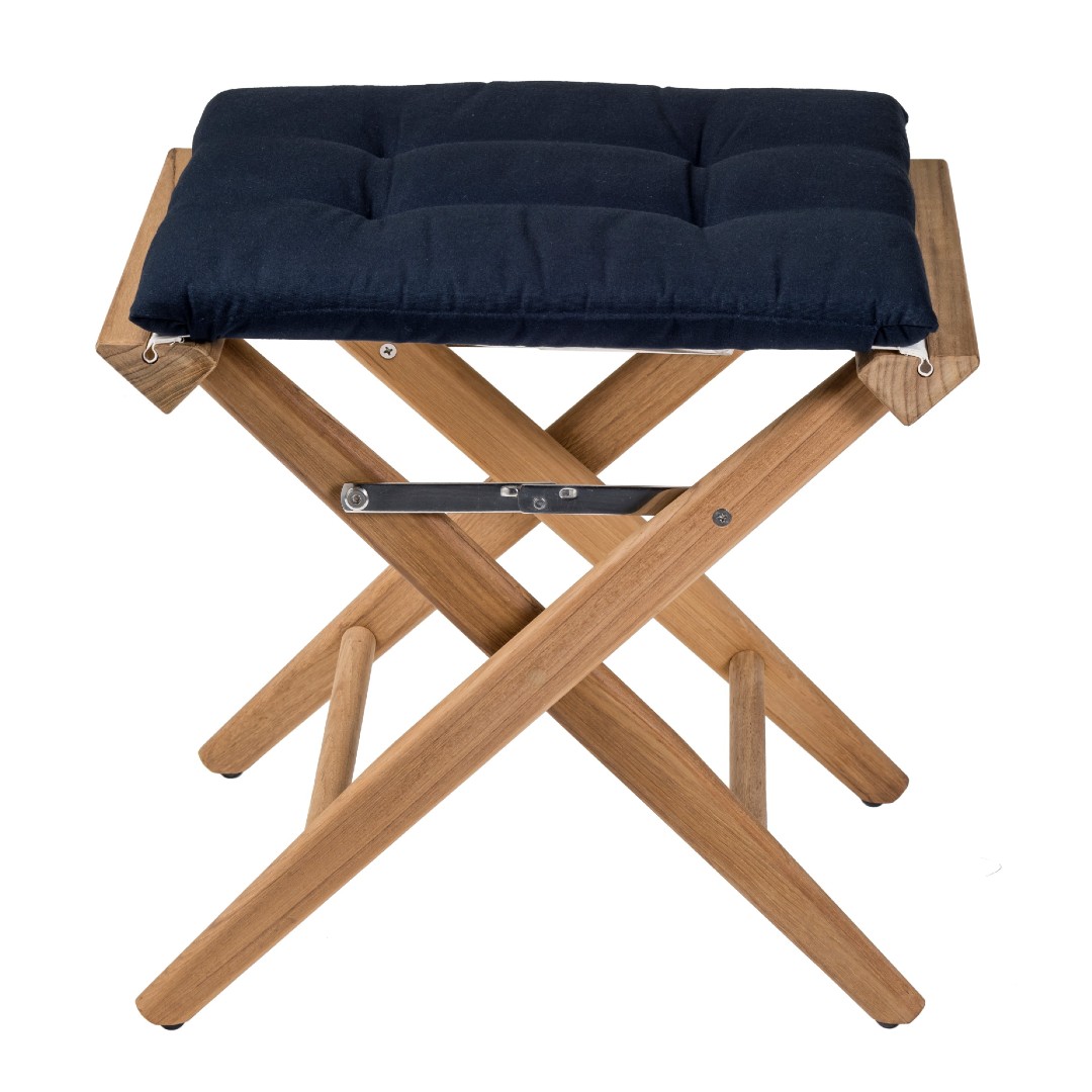 Solid Teak Directors Stool with Navy Cushion - Image 2